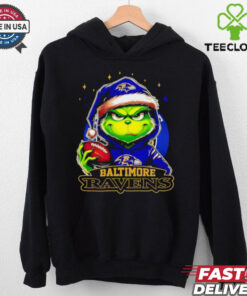 Baltimore Ravens Grinch wearing Santa hat Christmas 2024 shirt