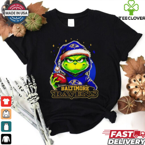Baltimore Ravens Grinch wearing Santa hat Christmas 2024 shirt