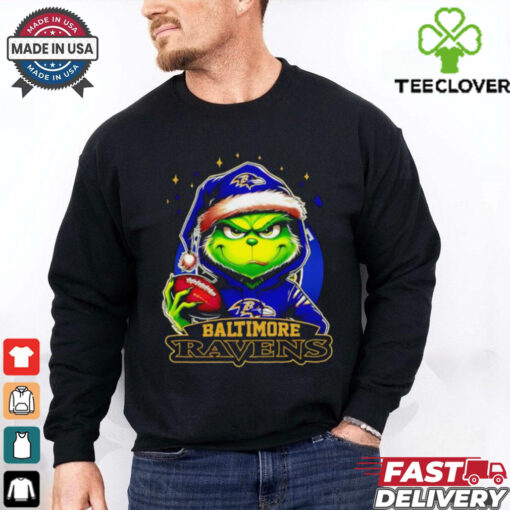 Baltimore Ravens Grinch wearing Santa hat Christmas 2024 shirt
