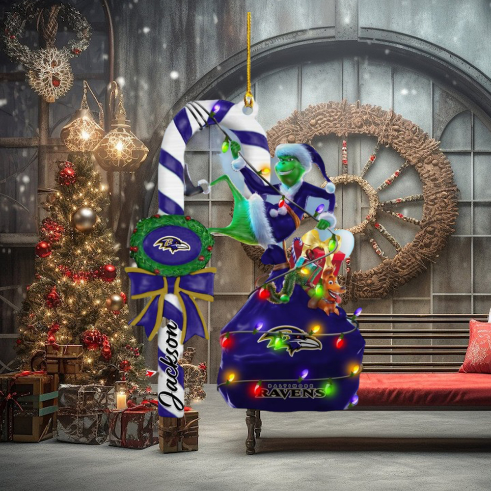 Baltimore Ravens NFL Custom Name Grinch Candy Cane Ornament 2 Side Baltimore Ravens NFL Custom Name Grinch Candy Cane Ornament 2 Side