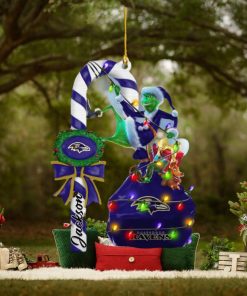 Baltimore Ravens NFL Custom Name Grinch Candy Cane Ornament 2 Side