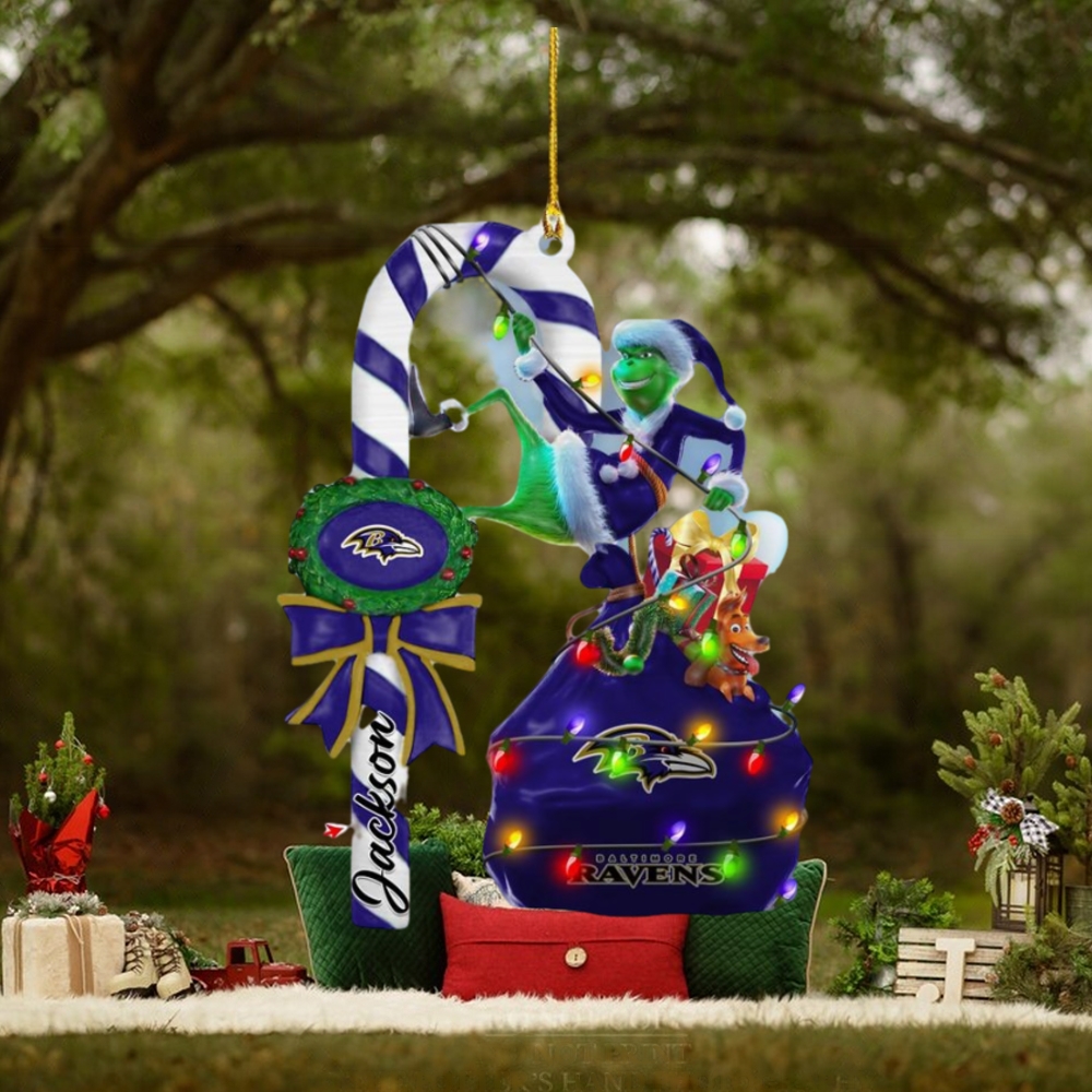 Baltimore Ravens NFL Custom Name Grinch Candy Cane Ornament 2 Side Baltimore Ravens NFL Custom Name Grinch Candy Cane Ornament 2 Side