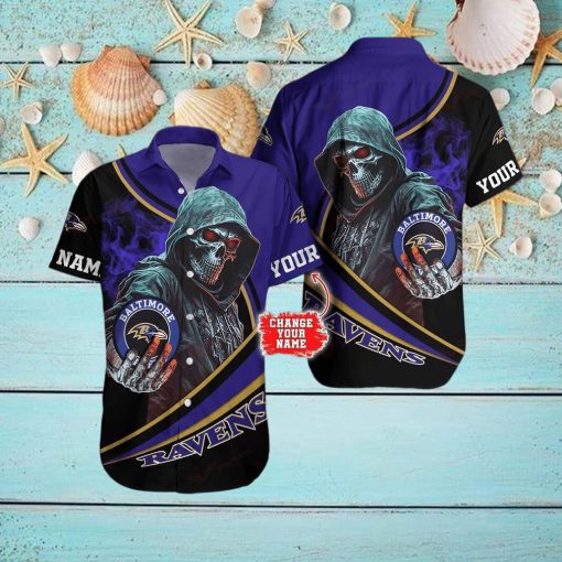 Baltimore Ravens NFL Halloween Skull Tropical Team Spirit Hawaiian Shirt Custom Name