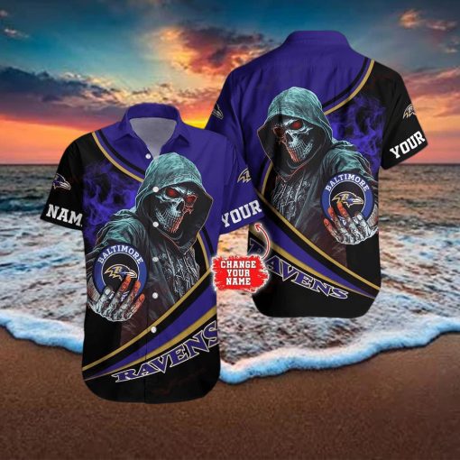 Baltimore Ravens NFL Halloween Skull Tropical Team Spirit Hawaiian Shirt Custom Name