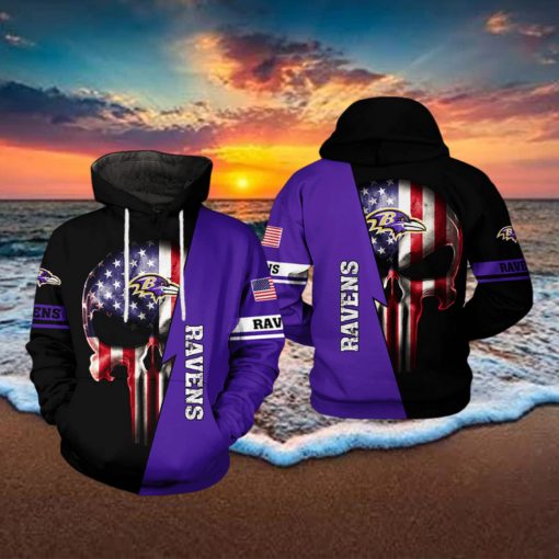 Baltimore Ravens NFL US Flag Skull Team 3D Printed Hoodie