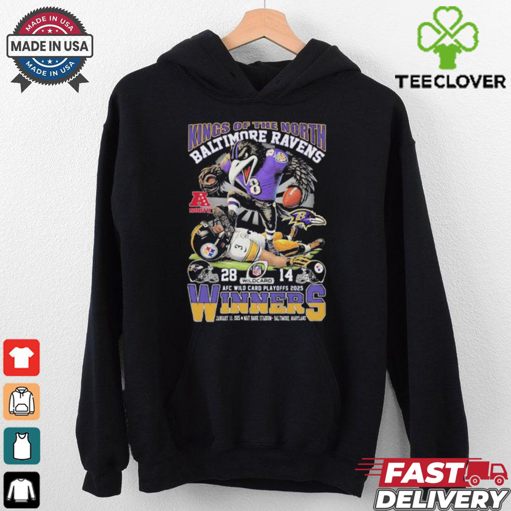 Baltimore Ravens Pittsburgh Steelers Kings Of The North AFC Wild Card Playoffs 2025 Winners NFL Mascot T shirts Baltimore Ravens Pittsburgh Steelers Kings Of The North AFC Wild Card Playoffs 2025 Winners NFL Mascot T shirts