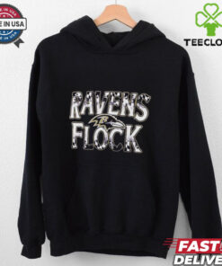 Baltimore Ravens Ravens Flock T-shirts featuring a bold design celebrating the Ravens' team spirit and fan loyalty.