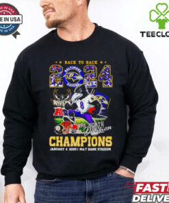 **Baltimore Ravens Back to Back 2024 AFC North Division Champions Mascot Shirt** – Show your pride for the Ravens' remarkable achievement with this bold, mascot-themed design. Celebrating their back-to-back AFC North Division titles, it's the perfect shirt for any Baltimore Ravens fan!