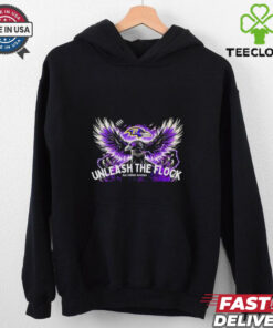 Baltimore Ravens Unleash the Flock Shirt with a bold design featuring the Ravens' iconic slogan, perfect for fans showing their pride and support for the team.