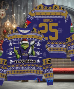 Baltimore Ravens x Grinch Christmas Dr. Seuss How the Grinch Stole Christmas with Super Bowl Trophy Custom Ugly Christmas Sweater