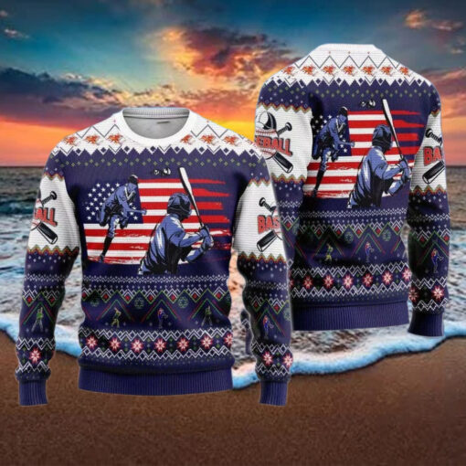 Baseball Ugly Christmas Sweater   American Flag Patriotic Holiday Sweater for Baseball Fans