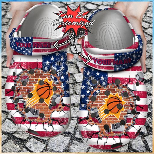 Basketball Personalized Phoenix Suns American Flag Breaking Wall Clog Shoes