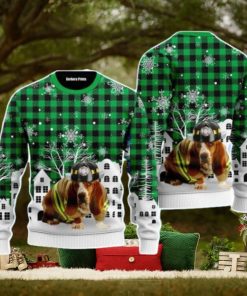 Basset Hound Costume Firefighter In Christmas City Pattern Christmas Unisex Ugly Sweater