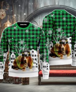 Basset Hound Costume Firefighter In Christmas City Pattern Christmas Unisex Ugly Sweater