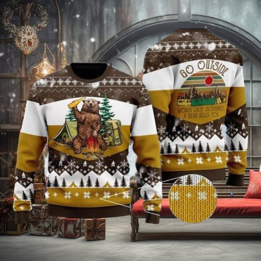 Bear Beer Campfire Yellow Wool 3D Sweater For Men And Women