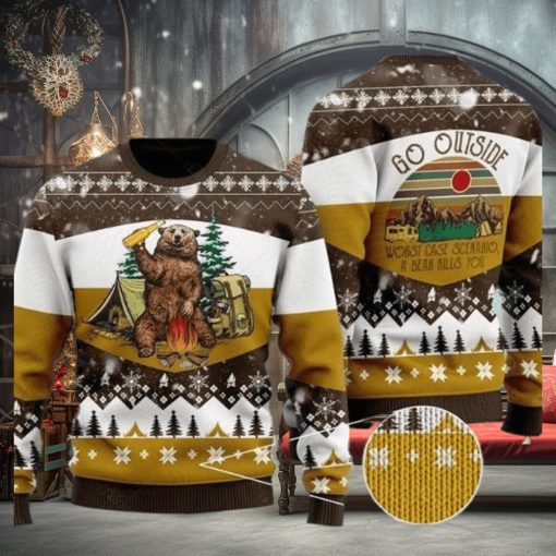 Bear Beer Ugly Christmas Sweater Campfire Yellow Wool Xmas