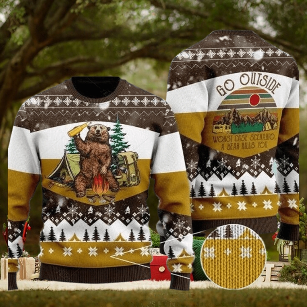 Bear Beer Ugly Christmas Sweater Campfire Yellow Wool Xmas Bear Beer Ugly Christmas Sweater Campfire Yellow Wool Xmas