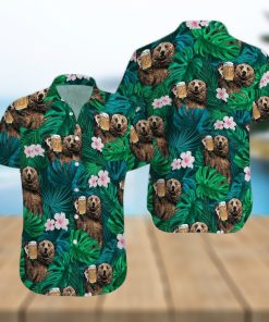 Bear Drinking Beer Green Tropical Unisex Hawaiian Shirts