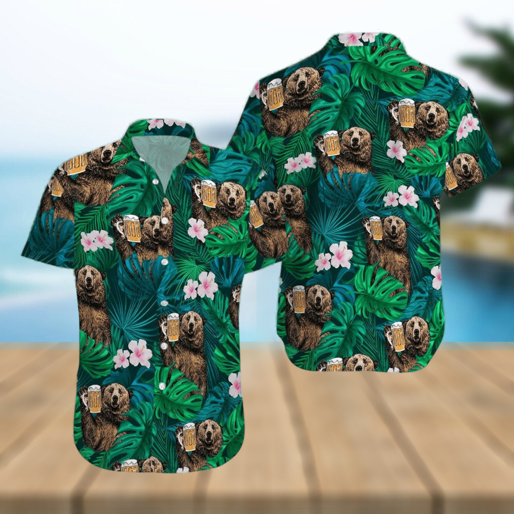 Bear Drinking Beer Green Tropical Unisex Hawaiian Shirts Bear Drinking Beer Green Tropical Unisex Hawaiian Shirts