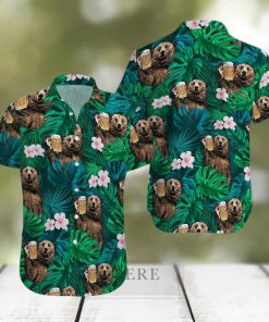 Bear Drinking Beer Green Tropical Unisex Hawaiian Shirts