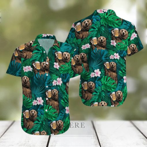 Bear Drinking Beer Green Tropical Unisex Hawaiian Shirts