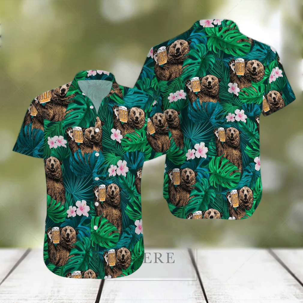 Bear Drinking Beer Green Tropical Unisex Hawaiian Shirts Bear Drinking Beer Green Tropical Unisex Hawaiian Shirts