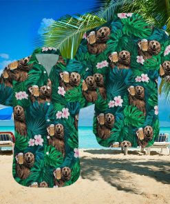 Bear Drinking Beer Green Tropical Unisex Hawaiian Shirts