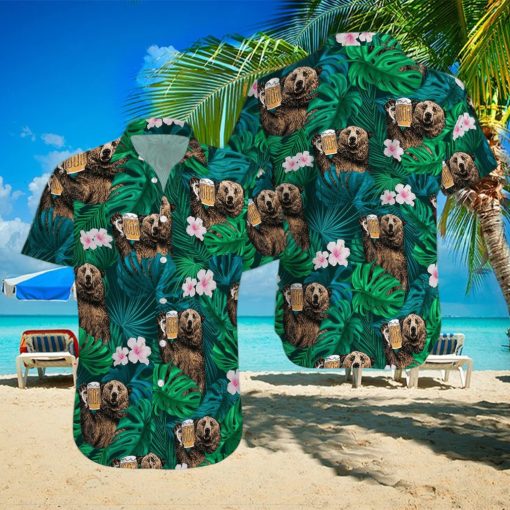 Bear Drinking Beer Green Tropical Unisex Hawaiian Shirts