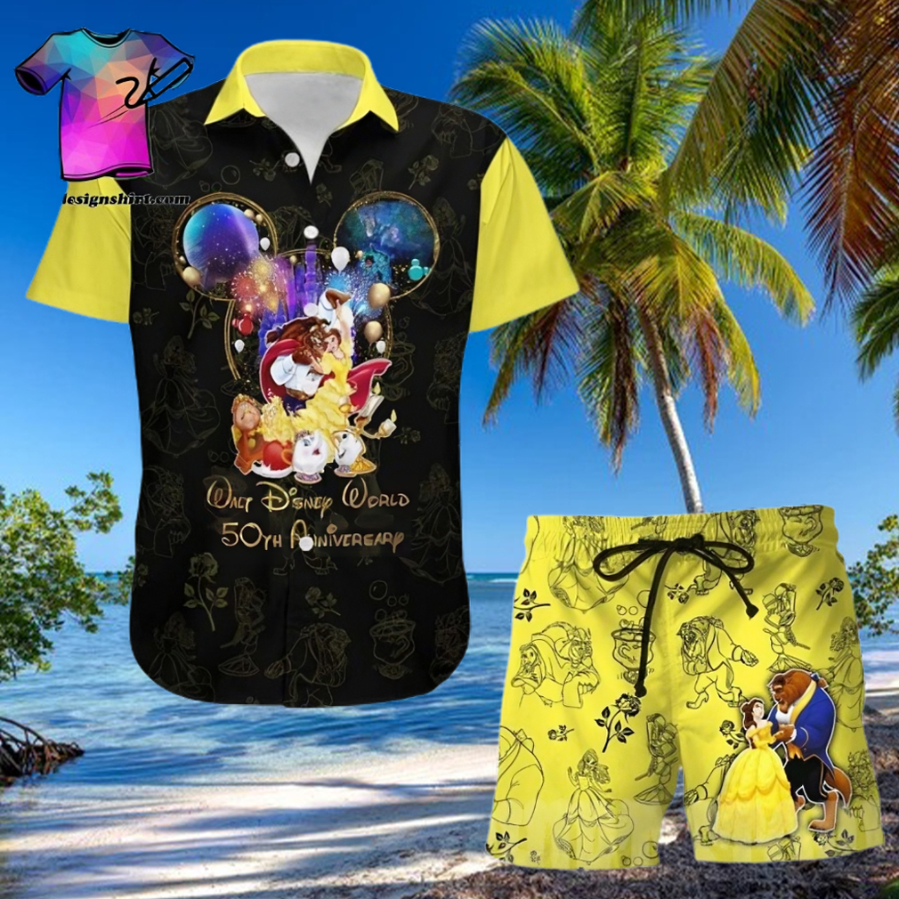 Beauty And The Beast 50th Anniversary Glitter Disney Castle All Over Print Combo Hawaiian Shirt