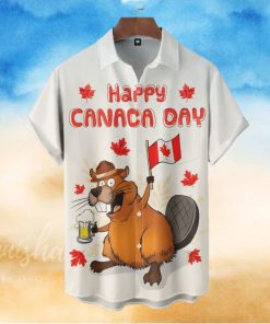Beaver With Beer Happy Canada Day Short Sleeve Hawaiian Shirt