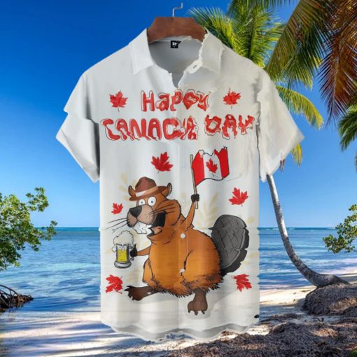 Beaver With Beer Happy Canada Day Short Sleeve Hawaiian Shirt