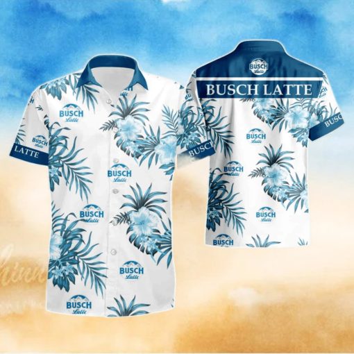 Beer Busch Light Hibiscus Flower Pattern Blue White Summer Beach Hawaiian Shirt