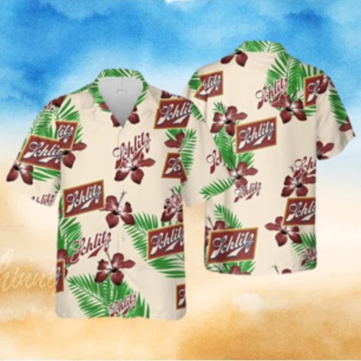 Beige Schlitz Beer Hawaiian Shirt Hibiscus Flower Palm Leaves Pattern