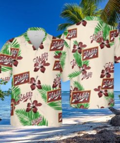 Beige Schlitz Beer Hawaiian Shirt Hibiscus Flower Palm Leaves Pattern