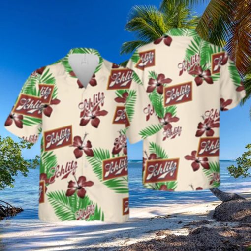 Beige Schlitz Beer Hawaiian Shirt Hibiscus Flower Palm Leaves Pattern