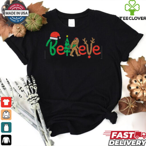Believe Bigfoot Sasquatch Santa Reindeer Christmas Tree Gift T Shirt Recovered