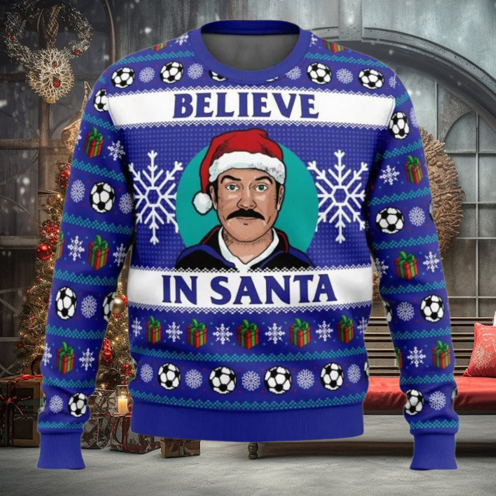 Believe In Santa Ted Lasso Ugly Christmas Sweater Believe In Santa Ted Lasso Ugly Christmas Sweater