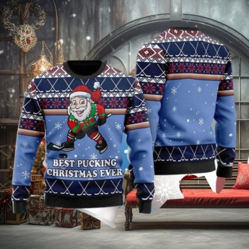 Best Pucking Chirtsmas Ever Blue Hocke Ugly Christmas Sweater Style Gift For Men And Women