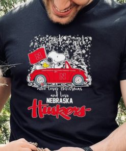 Best snoopy and Woodstock just a girl who lover Christmas and love Nebraska Huskers shirt