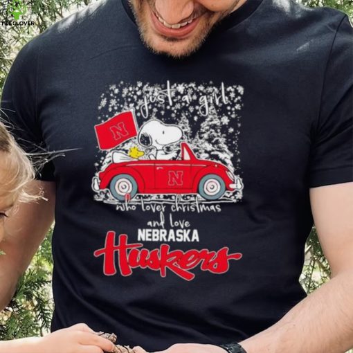 Best snoopy and Woodstock just a girl who lover Christmas and love Nebraska Huskers shirt