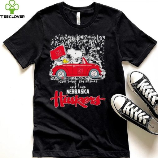 Best snoopy and Woodstock just a girl who lover Christmas and love Nebraska Huskers shirt