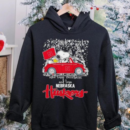 Best snoopy and Woodstock just a girl who lover Christmas and love Nebraska Huskers shirt