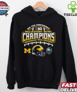 Big Ten Conference ReliaQuest Bowl Champions Michigan Wolverines T-shirt, featuring helmet design, fan favorite style, unisex fit, Michigan football fan gear, ReliaQuest Bowl championship shirt.