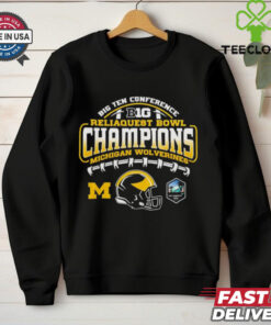 Big Ten Conference ReliaQuest Bowl Champions Michigan Wolverines T-shirt, featuring helmet design, fan favorite style, unisex fit, Michigan football fan gear, ReliaQuest Bowl championship shirt.