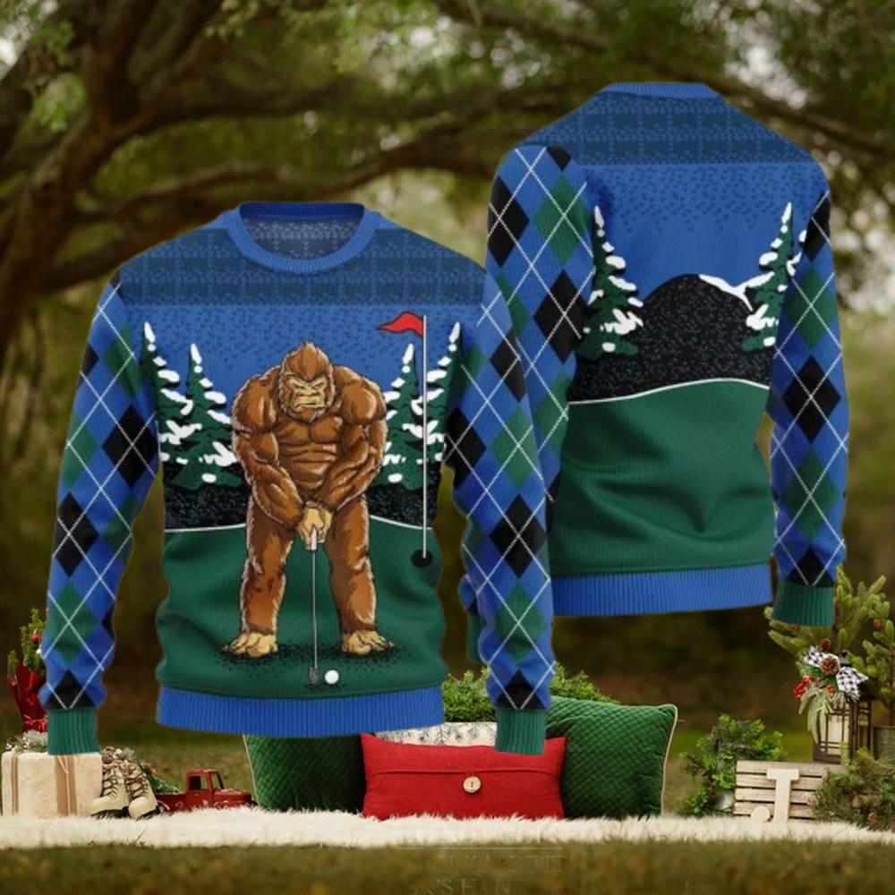 Bigfoot Golfing Ugly Christmas Sweater Bigfoot Golfing Ugly Christmas Sweater