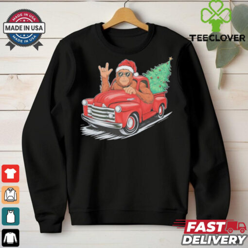 Bigfoot Rock On Christmas Tree Light Driving Truck Women’s Shirt