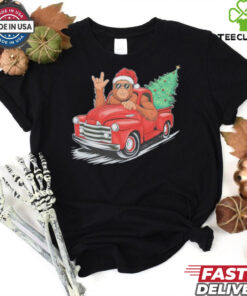 Bigfoot Rock On Christmas Tree Light Driving Truck Women’s Shirt