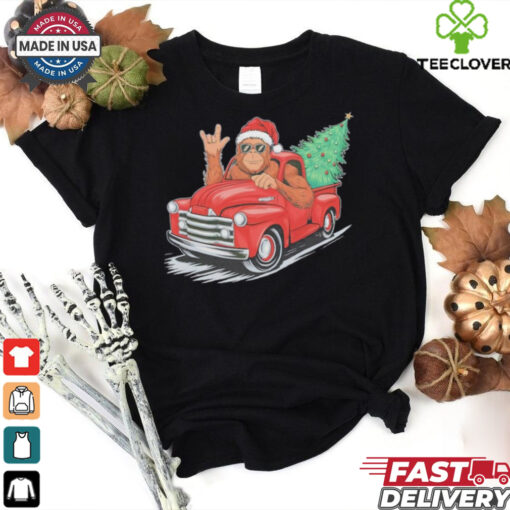 Bigfoot Rock On Christmas Tree Light Driving Truck Women’s Shirt