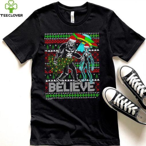 Bigfoot UFO Alien Believe Christmas ugly shirt