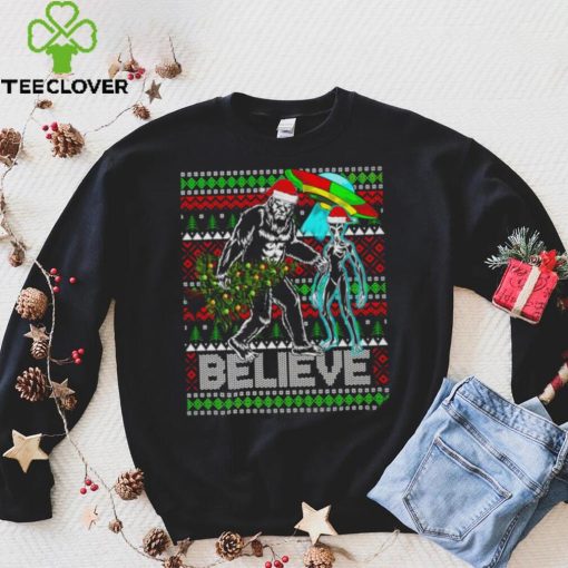 Bigfoot UFO Alien Believe Christmas ugly shirt
